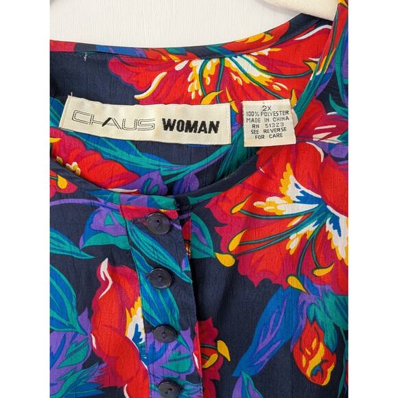 Chaus Woman VTG Hawaiian Floral Blouse 2X Short Sleeve Blue Red Elastic Waist - Picture 4 of 7